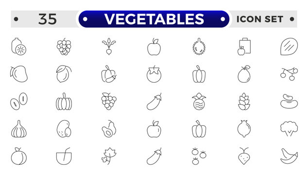 Vegetarian, vegetable, veggies outline icon set. Included the simple vector icons as tomato, cucumber, kohlrabi, cauliflower, pattypan squash, fiddleheads, daikon.