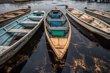 Obraz premium Abandoned boats in varying shades of blue and green float in murky water, creating a serene yet melancholic scene.