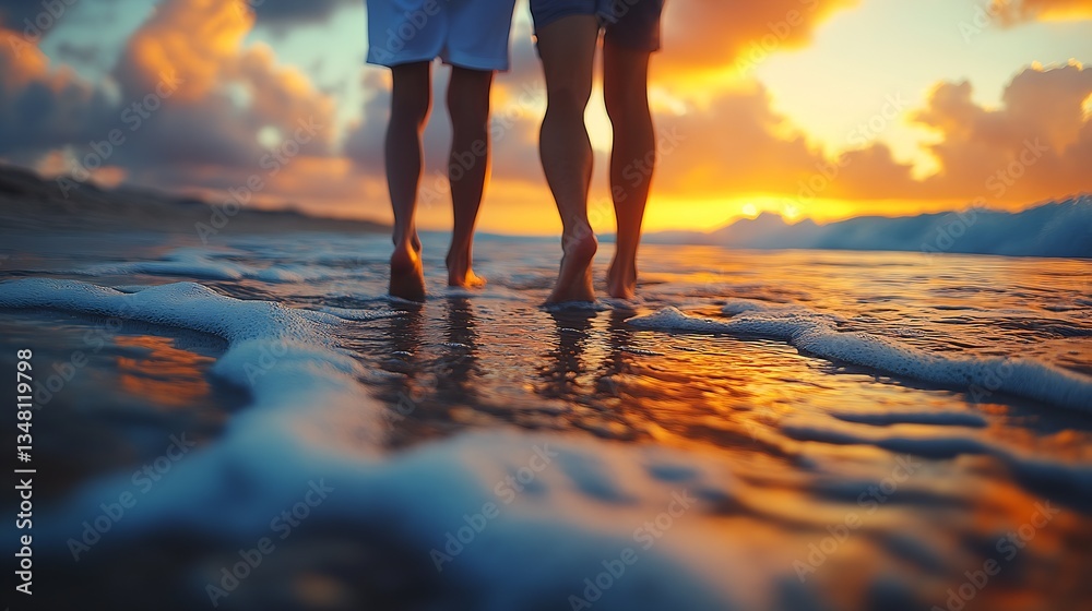 Poster two people strolling barefoot over wet sand during sunset with vibrant colors reflecting on the ocea