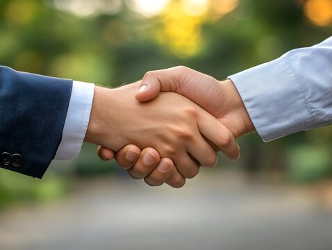 Two businessmen shake hands outdoors signifying a successful deal or partnership agreement completed in nature.