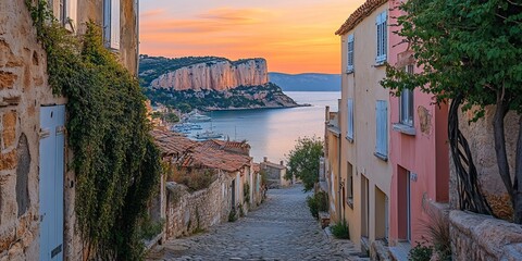 Picturesque street leading to the sea in cassis at sunset, france