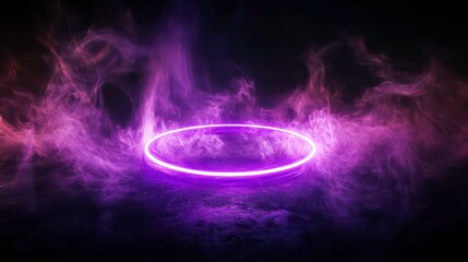 Obraz premium Glowing neon purple ring amidst wispy purple smoke on black, ideal for mystical, futuristic, or spiritual themes.