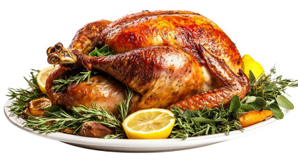 A perfectly roasted whole chicken with golden-brown, crispy skin, garnished with fresh herbs and lemon slices, isolated on a Transparent background, PNG file