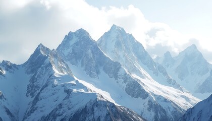 Fototapeta premium Snow-capped mountains, dark clouds background. Winter alpine landscape. Peaks covered snow, glaciers, rocky slopes. Cold, frosty weather. Outdoor scenic view. Winter sport, travel, vacation.