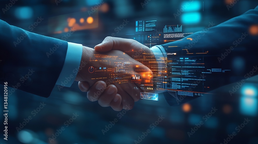 Poster Modern business partnership handshake with digital interface and data representation for technology collaboration : Generative AI