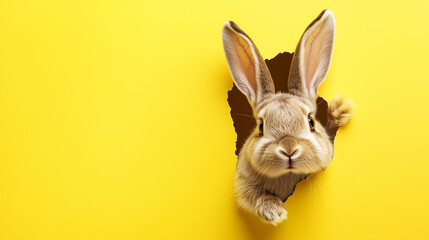 黄色い壁から顔を出すウサギの可愛らしい表情
