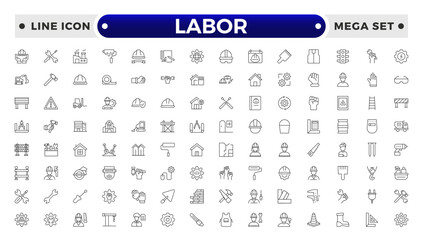Labor outline icon set. Contains linear outline icons like Helmet, Screwdriver, Worker, Vest, Flag, Crane, Brick, Roller, Gear, Construction, Builder, Factory, Hardhat.