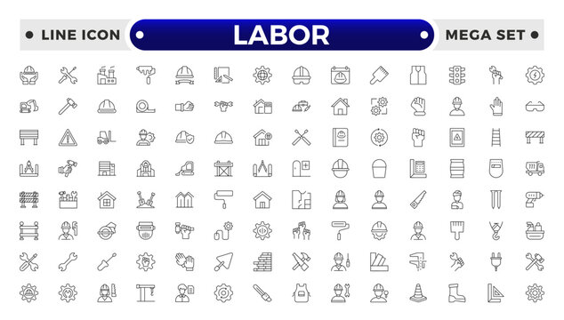 Labor outline icon set. Contains linear outline icons like Helmet, Screwdriver, Worker, Vest, Flag, Crane, Brick, Roller, Gear, Construction, Builder, Factory, Hardhat.