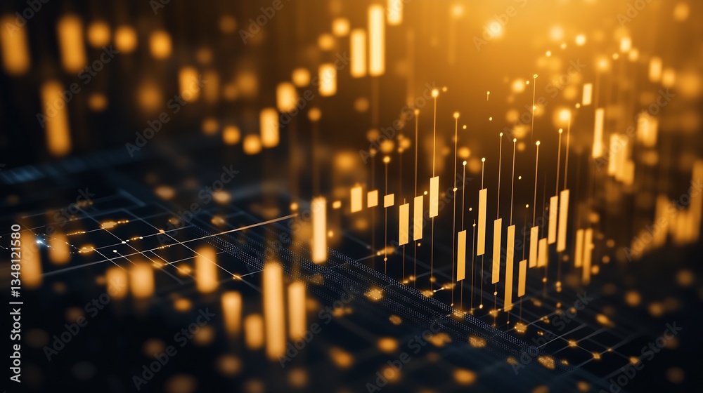 Poster Modern abstract illustration of financial metrics and data trends represented in vibrant golden hues : Generative AI
