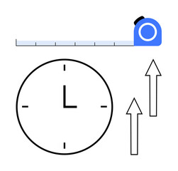 Clock and measuring tape symbolize time and resource allocation, while upward arrows convey progress and growth. Ideal for time management, productivity, goal-setting, efficiency, performance