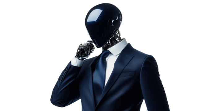 A robotic figure in a sharp navy suit with metallic details, adjusting its tie, isolated on a white background