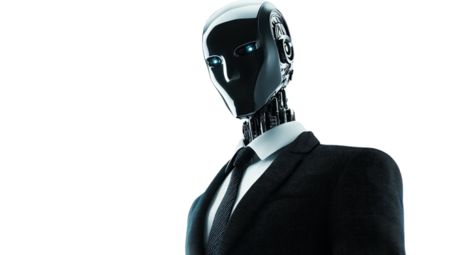 A sleek humanoid robot wearing a tailored black suit with a tie, standing confidently, isolated on a white background