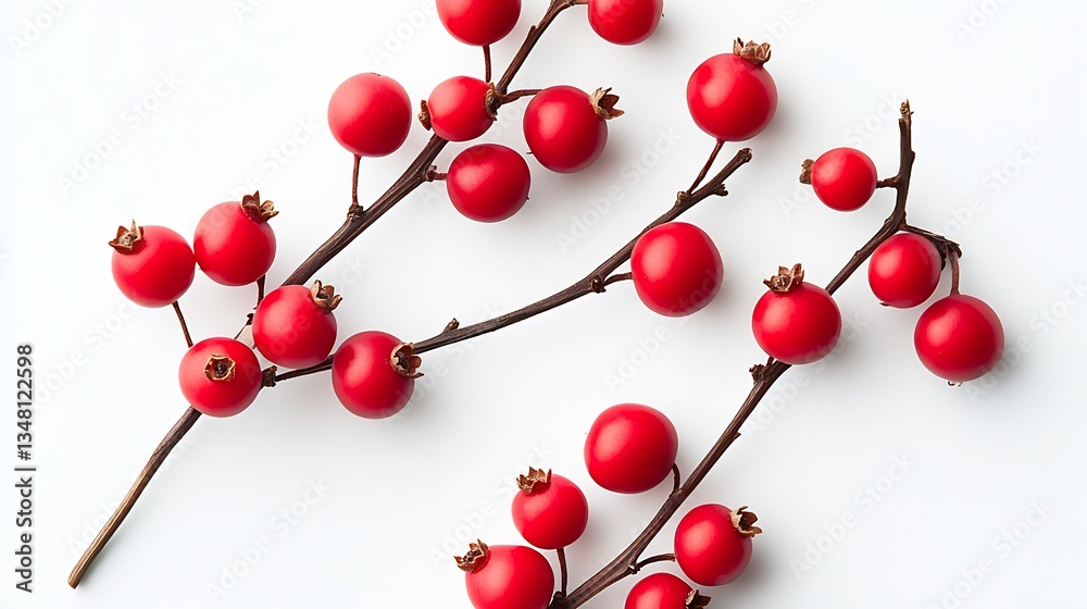 Poster Charming close-up of multiple red berries on branches emphasizing natural textures and appealing colors : Generative AI
