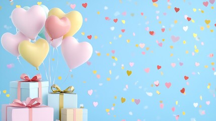 Colorful Heart Balloons with Gift Boxes and Confetti for a Joyful Celebration : Generative AI
