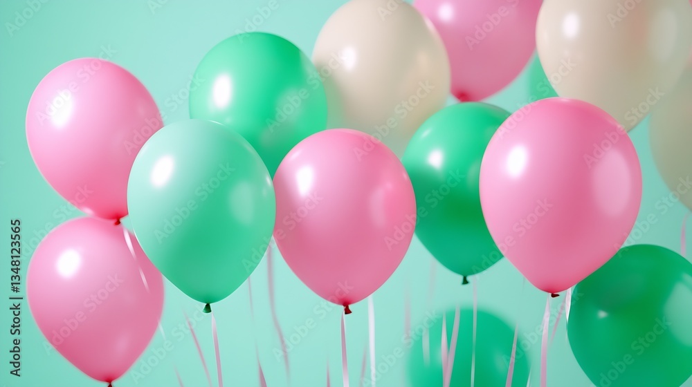 Poster cheerful assortment of pink and green balloons hovering together in a softly colored backdrop for jo