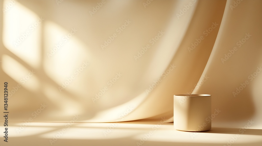 Poster elegant minimalist cylinder surrounded by soft draping fabric and gentle natural light highlights : 