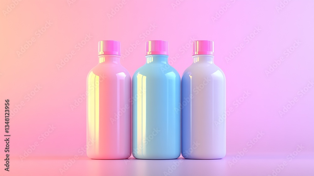 Aufkleber Three pastel colored bottles with pink caps arranged aesthetically on a modern surface : Generative AI