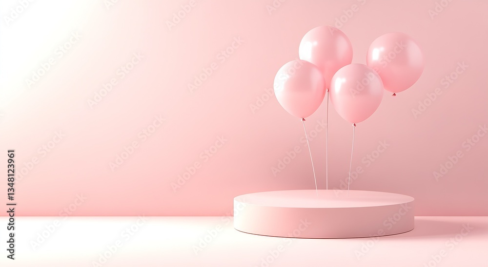 Poster Soft pink balloons grouped above a simple round platform in serene lighting : Generative AI