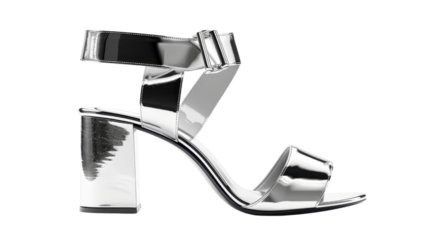 Silver high heel sandal with ankle strap on transparent background