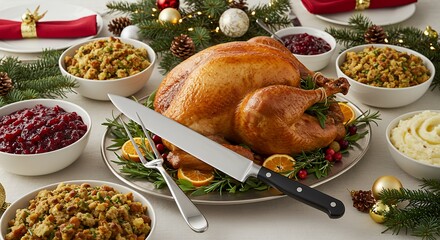 Serving Roasted Turkey for Holiday Dinner with Stuffing and Cranberry Sauce