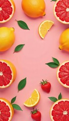 Retro style grapefruit seamless pattern on pink background, tropical, food