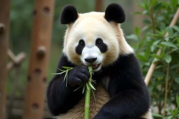 Obraz premium A Panda Munching on Fresh Bamboo in a Sanctuary