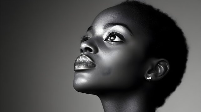 A striking black and white portrait of a young woman looking upward with hope and determination, showcasing her beautiful facial features and flawless