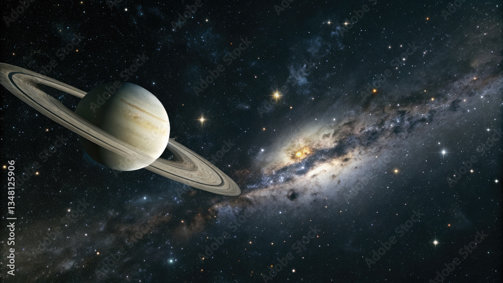 Wall mural a glowing planetary disk levitating in an infinite cosmic void, surrounded by subtle star clusters a
