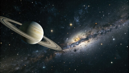 A glowing planetary disk levitating in an infinite cosmic void, surrounded by subtle star clusters and nebulae, evoking a futuristic and minimalistic celestial atmosphere perfect for design use.