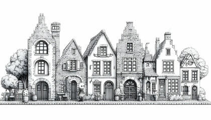 Charming row of quaint, stone houses, meticulously drawn in pencil sketch style, set against a backdrop of lush greenery