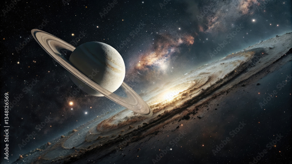 Wall mural a glowing planetary disk levitating in an infinite cosmic void, surrounded by subtle star clusters a