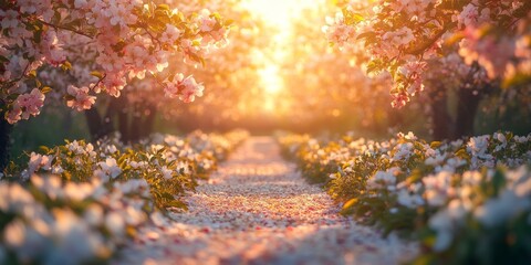 Beautiful sunset illuminating path covered with fallen petals in blooming garden