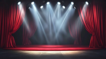 Empty stage with red velvet curtains and dramatic spotlights, creating an anticipation for a performance or presentation. Ideal for theater, entertainment, or arts-related projects.