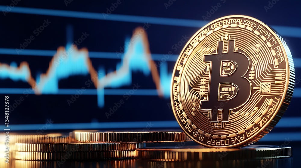 Aufkleber stunning artwork of bitcoin coin against trading graph with blue and orange lines : generative ai