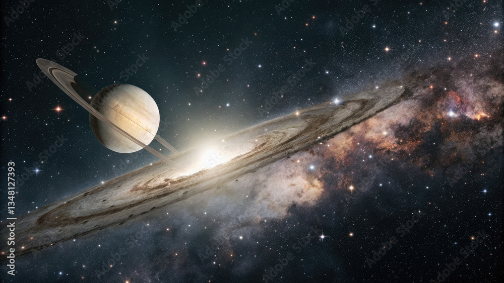 Wall mural a glowing planetary disk levitating in an infinite cosmic void, surrounded by subtle star clusters a