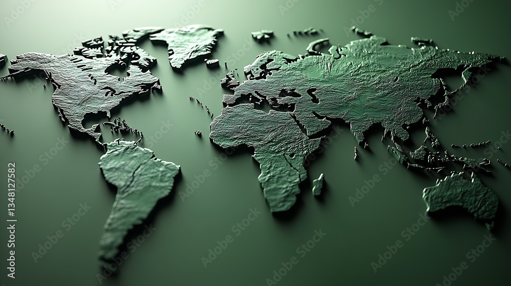 Poster beautifully designed world map with intricate details in varying shades of green : generative ai