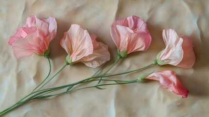 Delicate Pink Flowers Resting on Beige Fabric