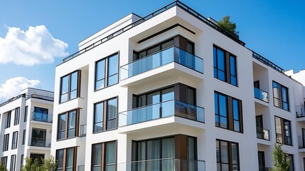Obraz premium Chic and Spacious Residential Building Highlighting Elegant Balconies Under Clear Blue Skies : Generative AI