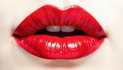 Obraz premium Close-up of vibrant red lipstick on pure white backdrop, red lips, minimalist