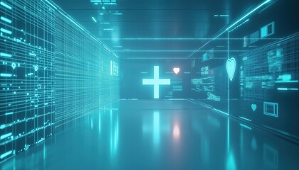 Glowing Health Tech Medical Cross in Virtual Data Hallway with Heart Icons