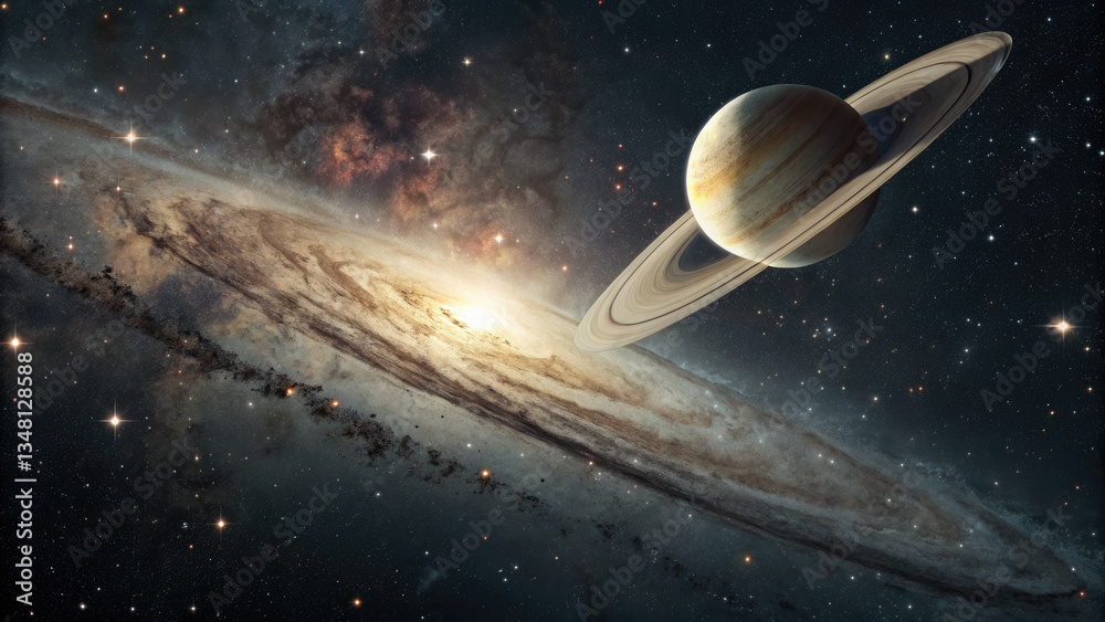 Wall mural a glowing planetary disk levitating in an infinite cosmic void, surrounded by subtle star clusters a