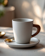 Obraz premium Premium Minimalist Ceramic Coffee Mug Set with Wooden Handle – Elegant Matte Finish
