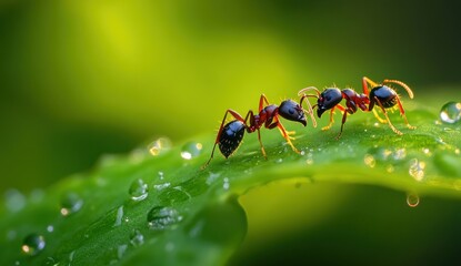 Two ants interacting on a green leaf with water droplets