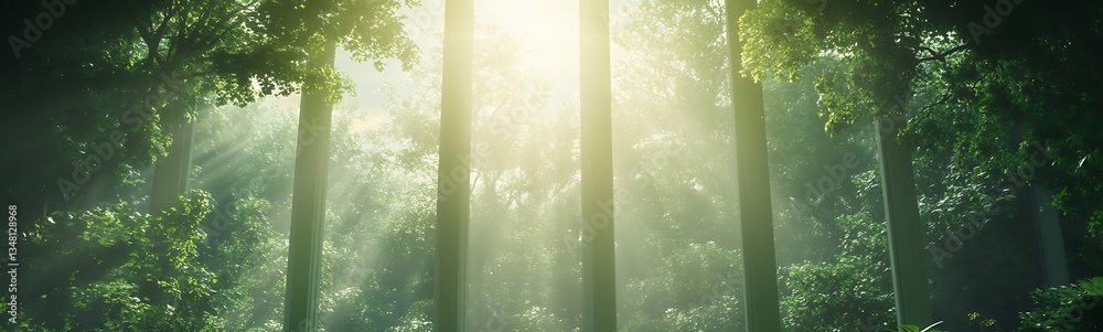 Poster lush forest with sunlight streaming through tall trees, creating a serene atmosphere.