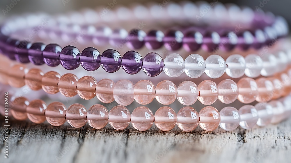 Poster close-up view of layered glass beads in beautiful soft hues on a wooden background : generative ai