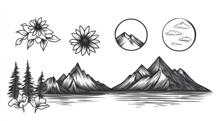 Mountain lake landscape drawing, floral elements, nature design, tattoo art