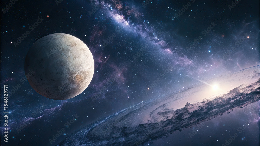 Wall mural a glowing planetary disk levitating in an infinite cosmic void, surrounded by subtle star clusters a