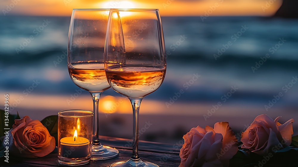 Poster charming beach view at sunset featuring two wine glasses softly glow and roses with candle : generat