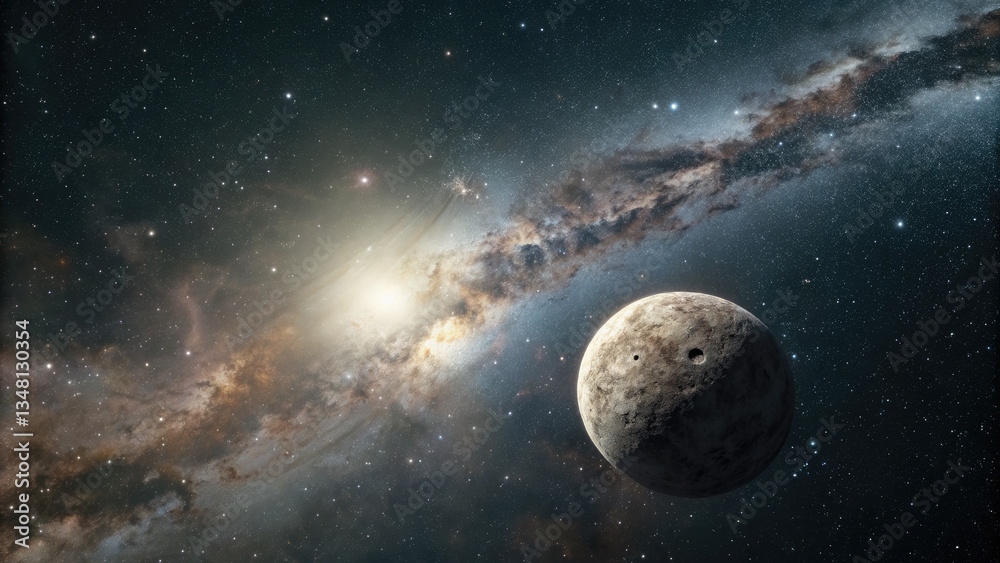 Wall mural a glowing planetary disk levitating in an infinite cosmic void, surrounded by subtle star clusters a