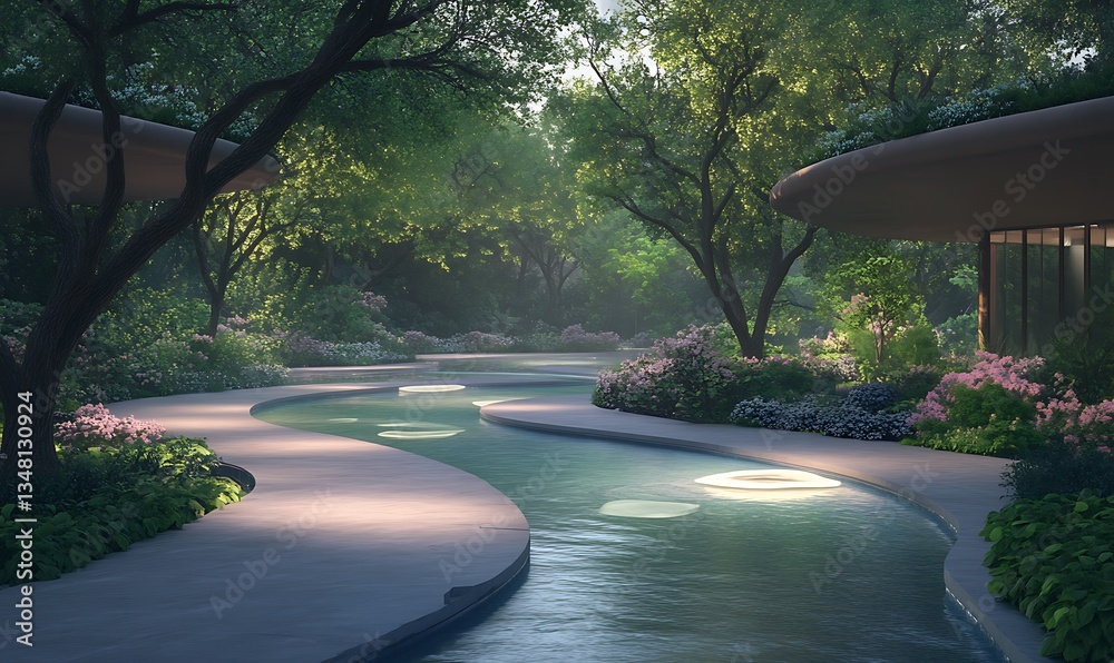 Aufkleber serene pathway winding through lush greenery and water features in a tranquil setting.